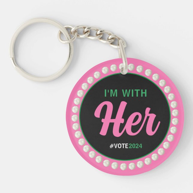 I'M WITH HER 2024 Pearls & Clover (Pink Green) Key Ring (Front)