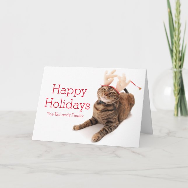 Image of a very cute little cat wearing reindeer holiday card (Front)