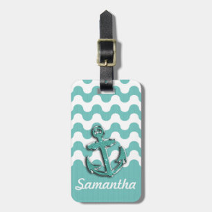 Image of Aqua Green Glitter Anchor on Wavy ZigZag Luggage Tag
