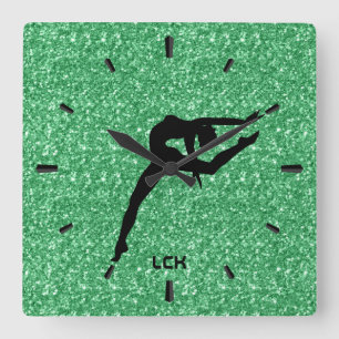 Image of green glitter black silhouette dancer square wall clock