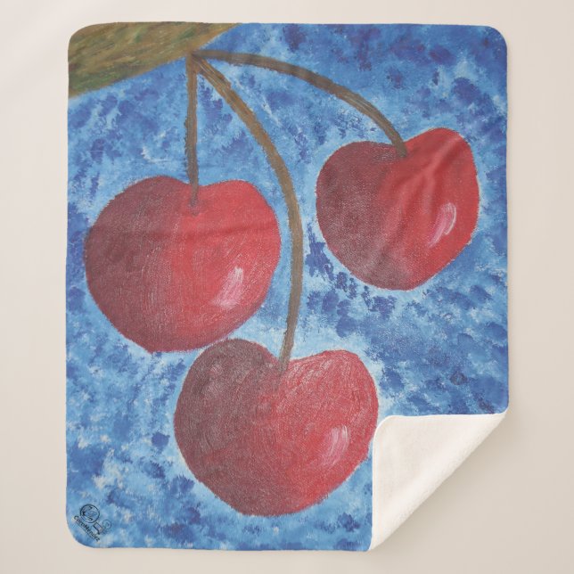 Image of my artwork cherries sherpa blanket (Front)
