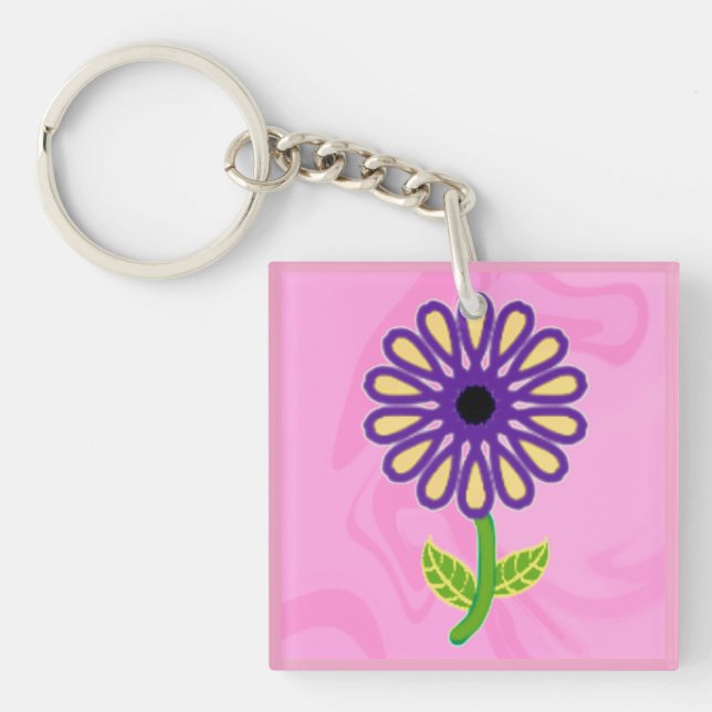 Image of Purple Yellow Green Stem Flower on Pink Key Ring (Front)