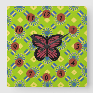 Image of Red Black Butterfly on Abstract Pattern Square Wall Clock
