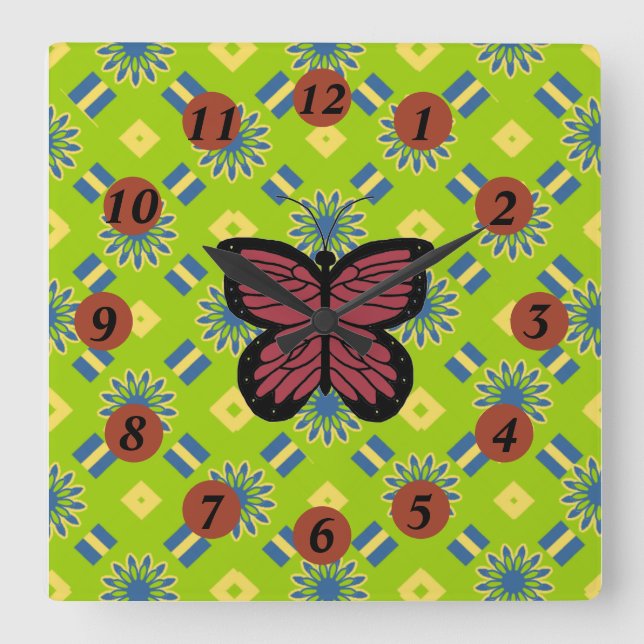 Image of Red Black Butterfly on Abstract Pattern Square Wall Clock (Front)