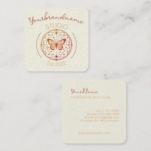 Image Template Rustic Mystical Butterfly Drawing  Square Business Card (Front/Back)