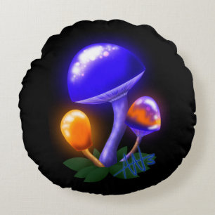 Imaginary White Dapperling Orange & Blue Mushroom Round Cushion