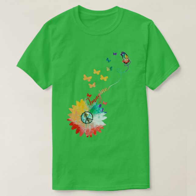 Imagine Flower Butterfly Earth Peace Sign Hippie T-Shirt (Design Front)
