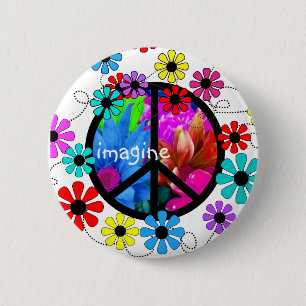 Imagine Peace Symbol and Retro Flowers 6 Cm Round Badge