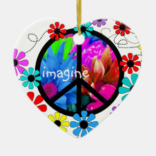 Imagine Peace Symbol and Retro Flowers Ceramic Tree Decoration