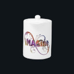 "Imagine" teapot<br><div class="desc">Inspire the love in your life with this inspirational text design. This inspirational teapot design features the words IMAGINE in colourful text surrounded by decorative swirls. Makes a great housewarming gift.</div>