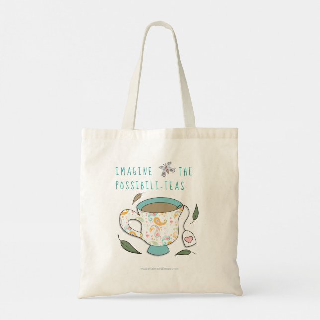 Imagine the Possibilities Tea Puns Shopping Grocer Tote Bag (Back)