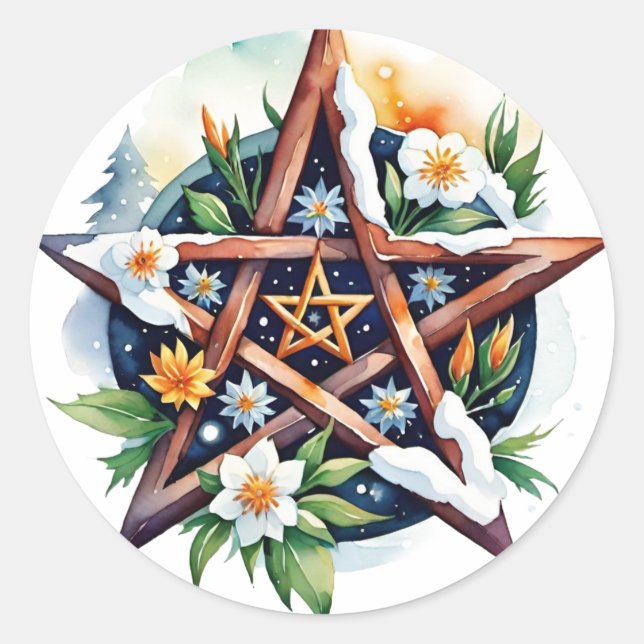 Imbolc Floral Snowy Pentacle Wiccan Holiday Classic Round Sticker (Front)