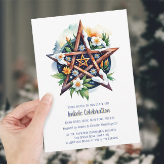 Imbolc Floral Snowy Pentacle Wiccan Holiday Invitation