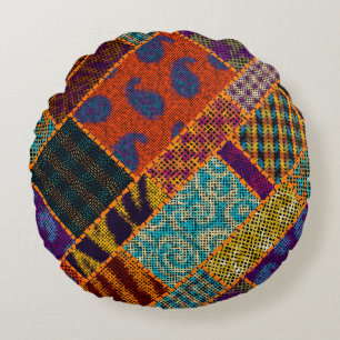 Imitation of indian patchwork pattern with texture round cushion