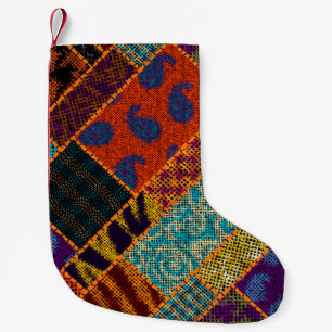 Imitation of indian patchwork pattern with texture small christmas stocking