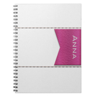 Imitation of white leather, seams, pink label notebook