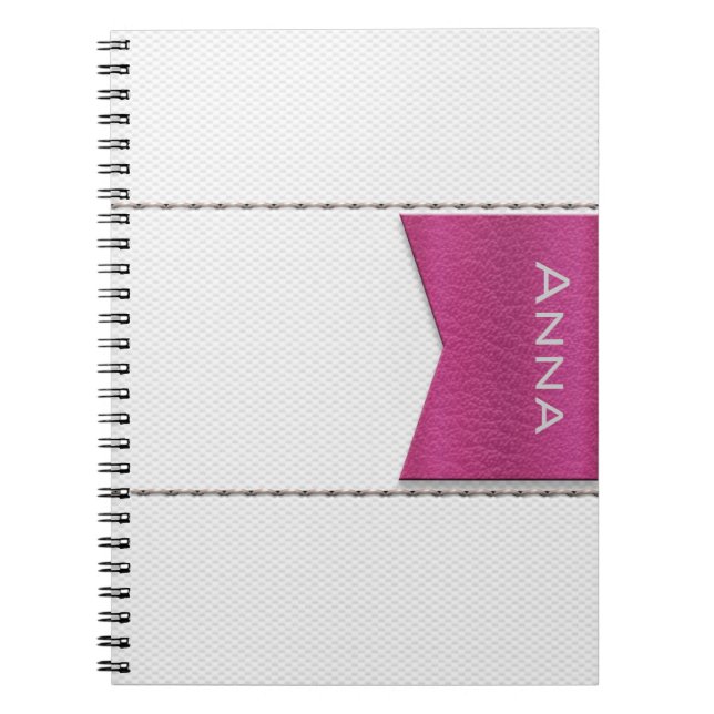 Imitation of white leather, seams, pink label notebook (Front)