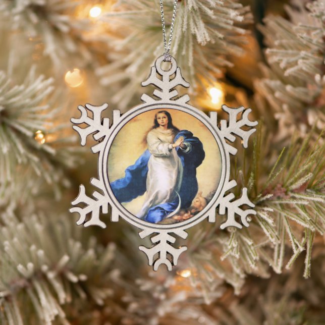 Immaculate Conception Gold  Snowflake Pewter Christmas Ornament (Tree)