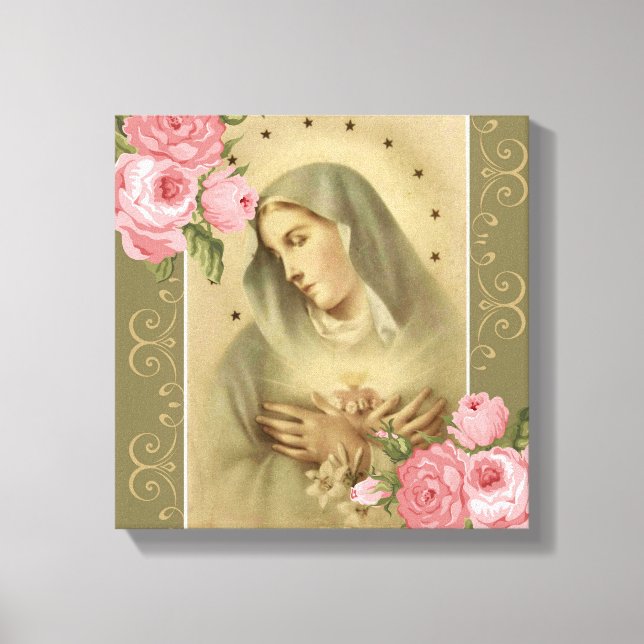 "Immaculate Heart of Mary Pink Roses Lilies Stars Canvas Print (Front)
