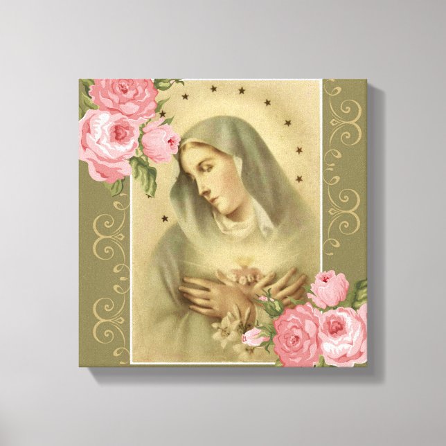 Immaculate Heart of Mary Pink Roses with Lilies Canvas Print (Front)