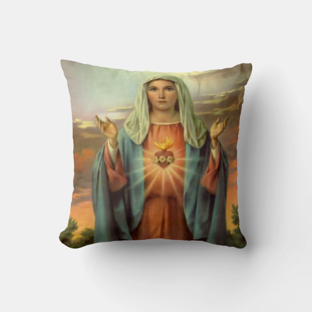 Immaculate Heart Virgin Mary Flame Roses Cushion (Front)