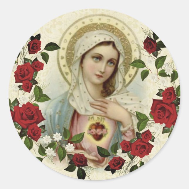 Immaculate Heart Virgin Mary Red Roses Classic Round Sticker (Front)