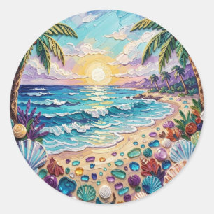 Impasto Beach and Sea Glass Sunset and Palm Trees Classic Round Sticker