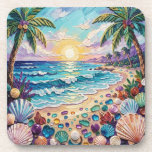 Impasto Beach and Sea Glass Sunset and Palm Trees Coaster<br><div class="desc">Pretty seaside coastal coaster with a gorgeous ai impasto oil painting style illustration of blue ocean waves crashing on a sandy beach,  that is covered in sea glass and surrounded by palm trees at sunset.</div>