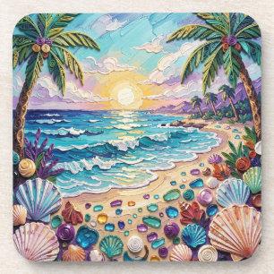 Impasto Beach and Sea Glass Sunset and Palm Trees Coaster