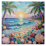 Impasto Beach and Sea Glass Sunset and Palm Trees Tile<br><div class="desc">Pretty seaside coastal tile with a gorgeous ai impasto oil painting style illustration of blue ocean waves crashing on a sandy beach, that is covered in sea glass and surrounded by palm trees at sunset.</div>
