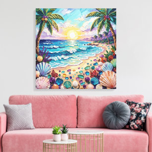 Impasto Beach and Sea Glass Sunset and Sunrise Canvas Print