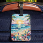 Impasto Beach and Sea Glass Sunset and Sunrise Luggage Tag<br><div class="desc">Pretty seaside coastal luggage tag with a gorgeous ai impasto oil painting style illustration of blue ocean waves crashing on a sandy beach,  that is covered in sea glass and surrounded by palm trees at sunset and sunrise.</div>