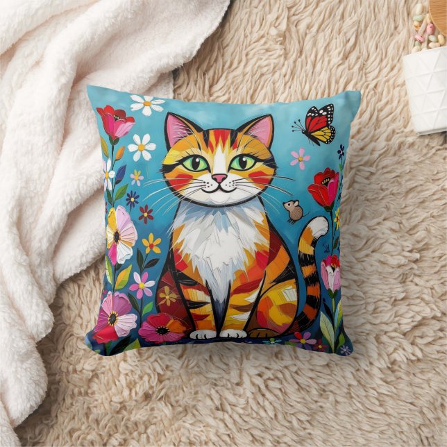 Impasto Cat, Flowers & Butterfly Cushion (Blanket)