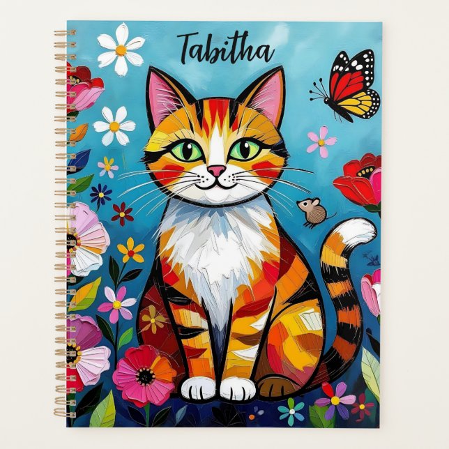 Impasto Cat, Flowers & Butterfly Personalized Planner (Front)