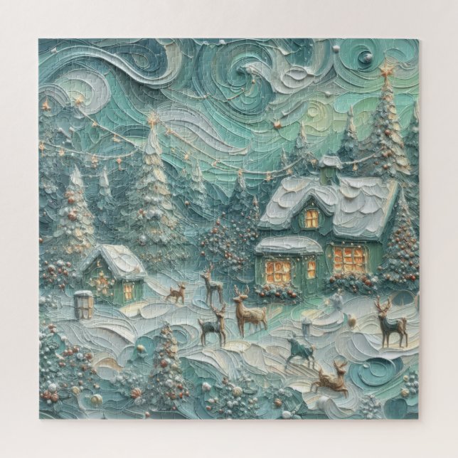 Impasto Christmas Motif Holiday Whimsy Green Jigsaw Puzzle (Vertical)