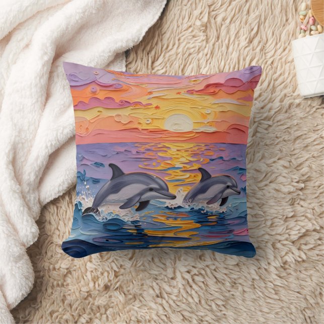 Impasto Dolphins and Ocean Waves   Cushion (Blanket)