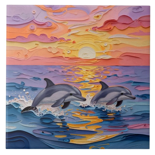 Impasto Dolphins and Ocean Waves   Tile (Front)
