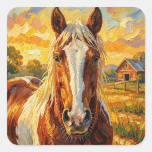 Impasto Horse on a Farm   Square Sticker