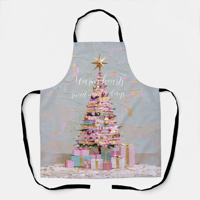Impasto Pink and Gold Christmas Tree Apron (Front)
