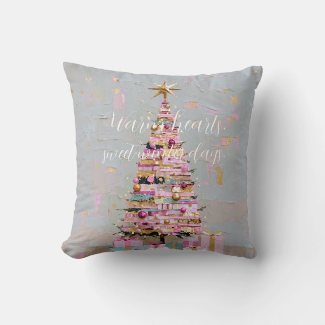 Impasto Pink and Gold Christmas Tree Cushion (Front)