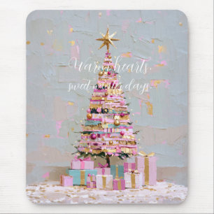 Impasto Pink and Gold Christmas Tree Mouse Pad
