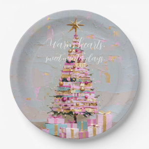 Impasto Pink and Gold Christmas Tree Paper Plate