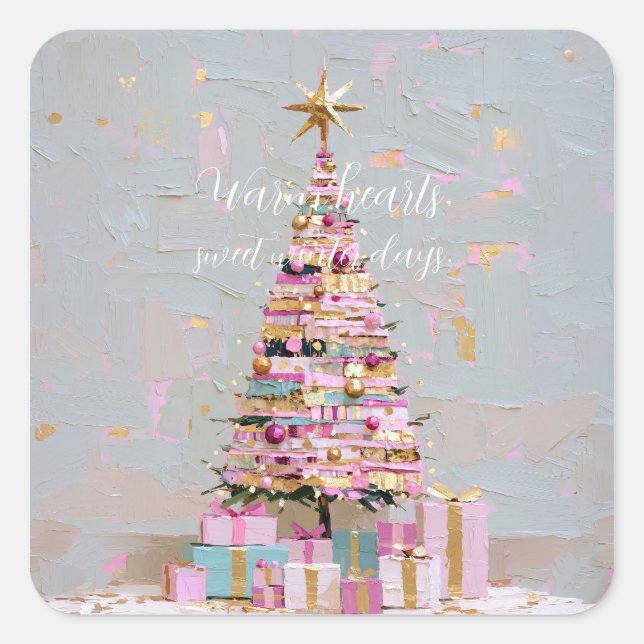 Impasto Pink and Gold Christmas Tree Square Sticker (Front)