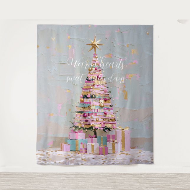 Impasto Pink and Gold Christmas Tree Tapestry (Front)