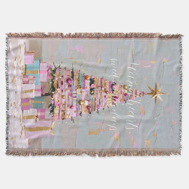 Impasto Pink and Gold Christmas Tree Throw Blanket (Front)