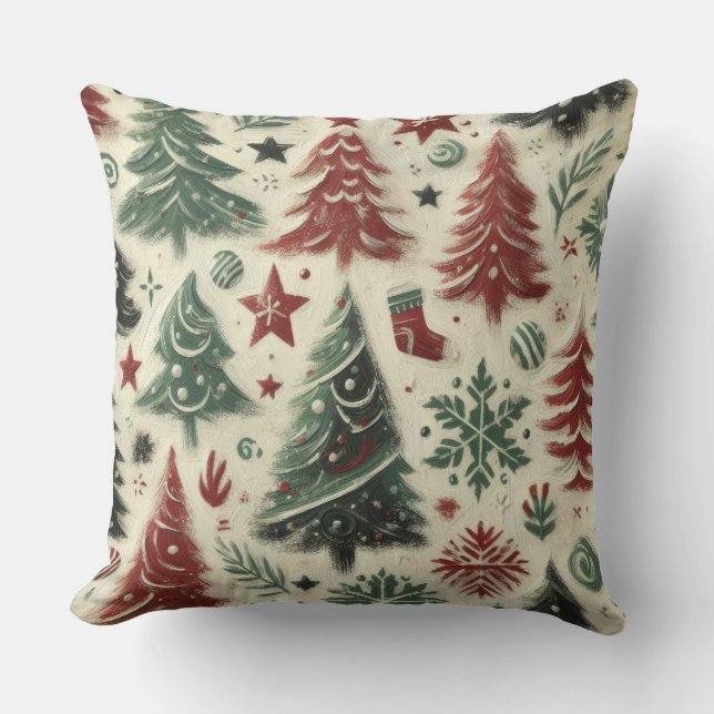 Impasto Red and Green Christmas Motifs Collage Cushion (Front)