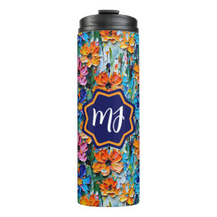 Impasto Style Flowers in a Colorful Monogrammed Thermal Tumbler