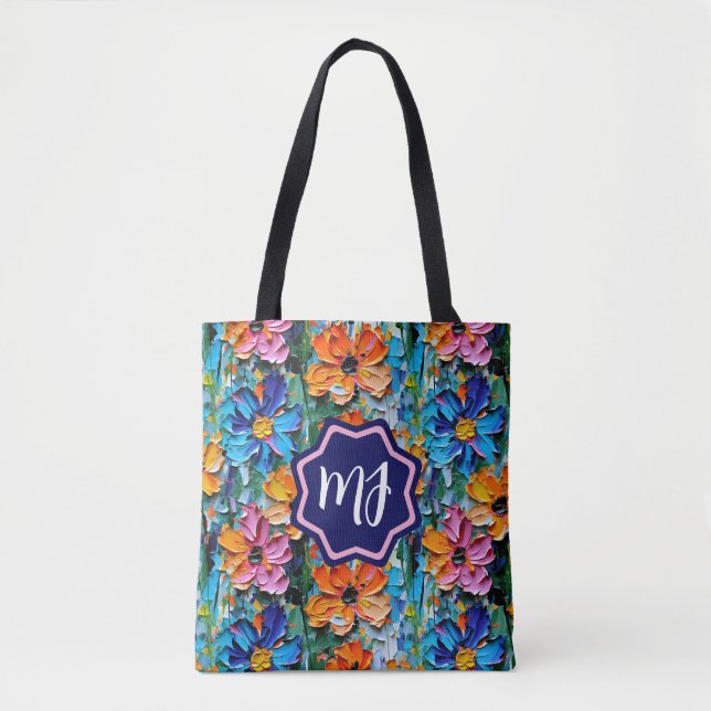 Impasto Style Flowers in a Colourful Monogrammed Tote Bag (Front)