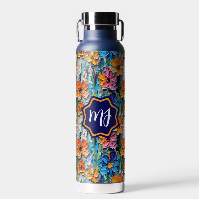 Impasto Style Flowers in a Colourful Monogrammed Water Bottle (Front)