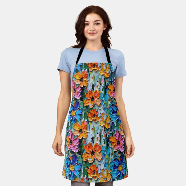 Impasto Style Oil Flowers in a Colourful Pattern Apron (Worn)